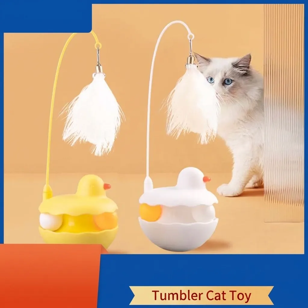 Interactive Cat Tumbler Toy With Feather And Bell Automatic Self-Rotating Teaser Stick For Indoor Cats Boredom Relief