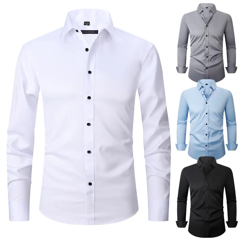 Men's Business Long Sleeve Shirt Solid Color Slim Fit Casual Button Down Work Top For Autumn Spring Regular Thickness