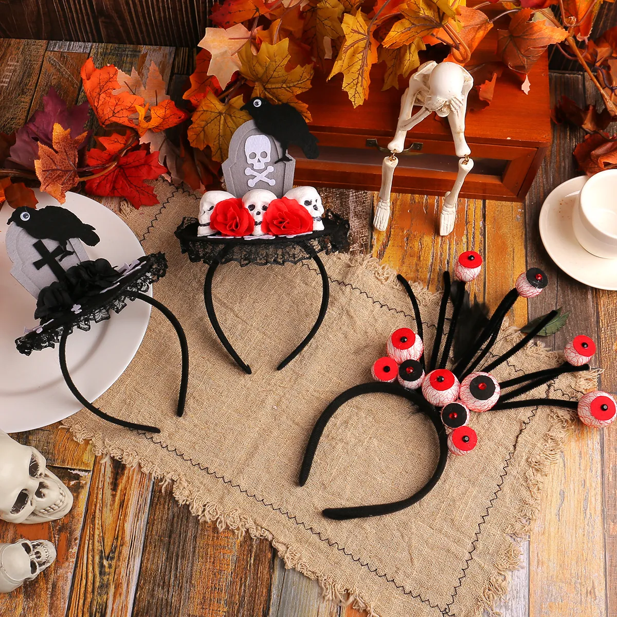 Halloween Spooky Headband Bloodshot Eyeball Raven Tombstone Hat Gothic Costume Hair Accessories For Party Decoration Women Kids