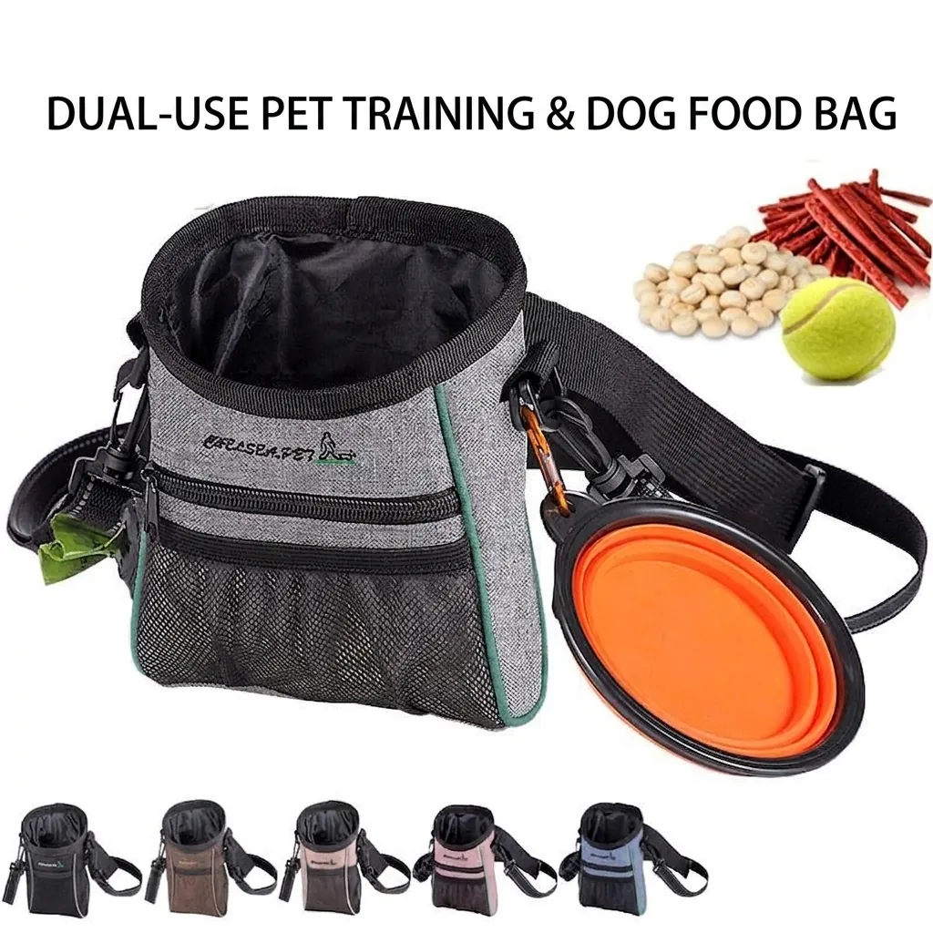 Borsa Portatile per Addestramento Cani in Tessuto Oxford per Viaggi All'aperto Borsa Snack Multifunzionale per Animali Con Ciotola Pieghevole Striscia Riflettente