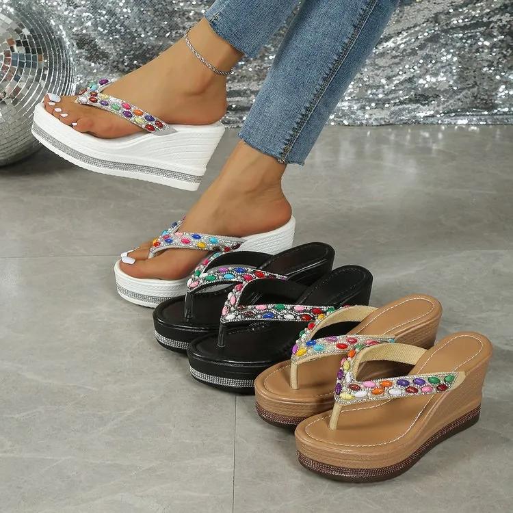 Sandalias de Dedo para Mujer con Cuña y Plataforma Diamantes de Imitación Perlas Artificiales Moda Suela Gruesa Zapatos de Playa Casuales