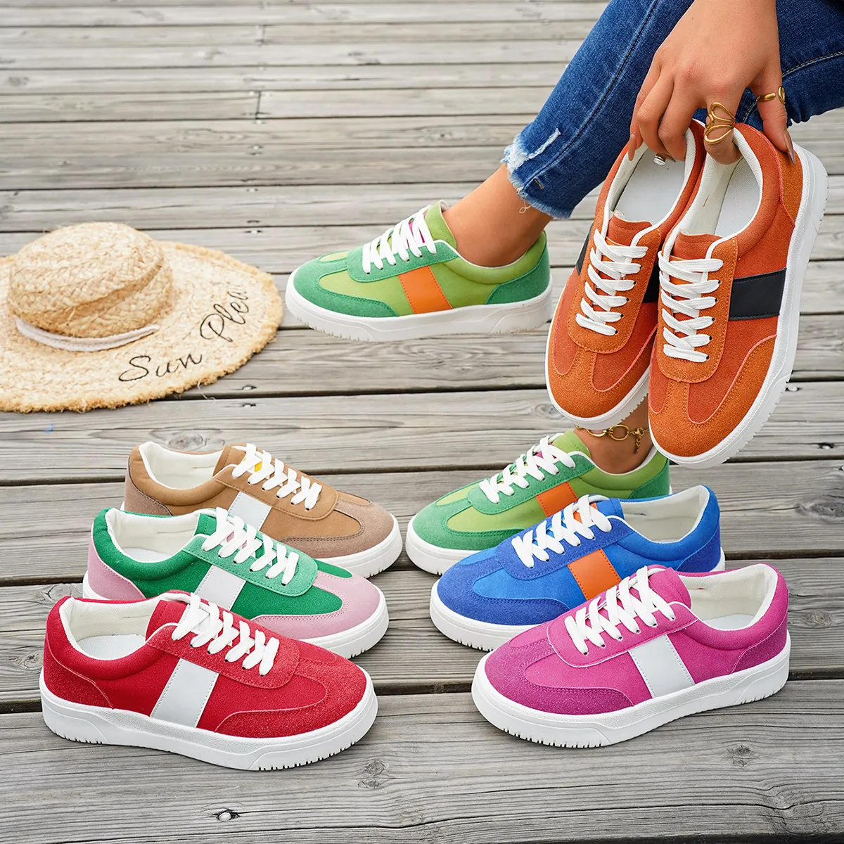 Chaussures de Planche Décontractées pour Femmes Baskets en Cuir Microfibre Rétro Couleur Bloc Semelle Épaisse Mode Confortable