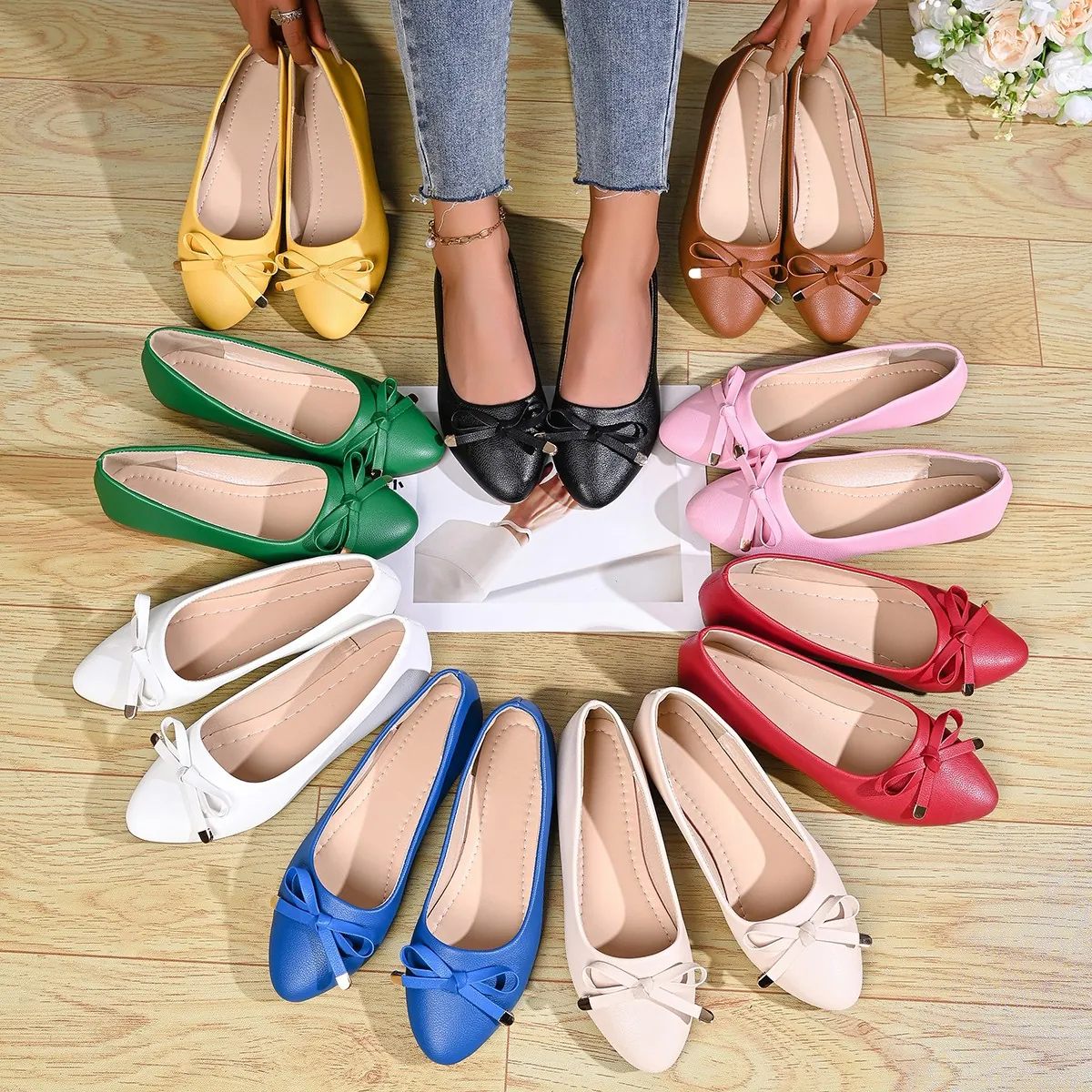 French Elegant Suede Rhinestone Bowtie Pointed Toe Flat Wedding Shoes Comfortable Shallow Mouth Casual Dress Flats For Women