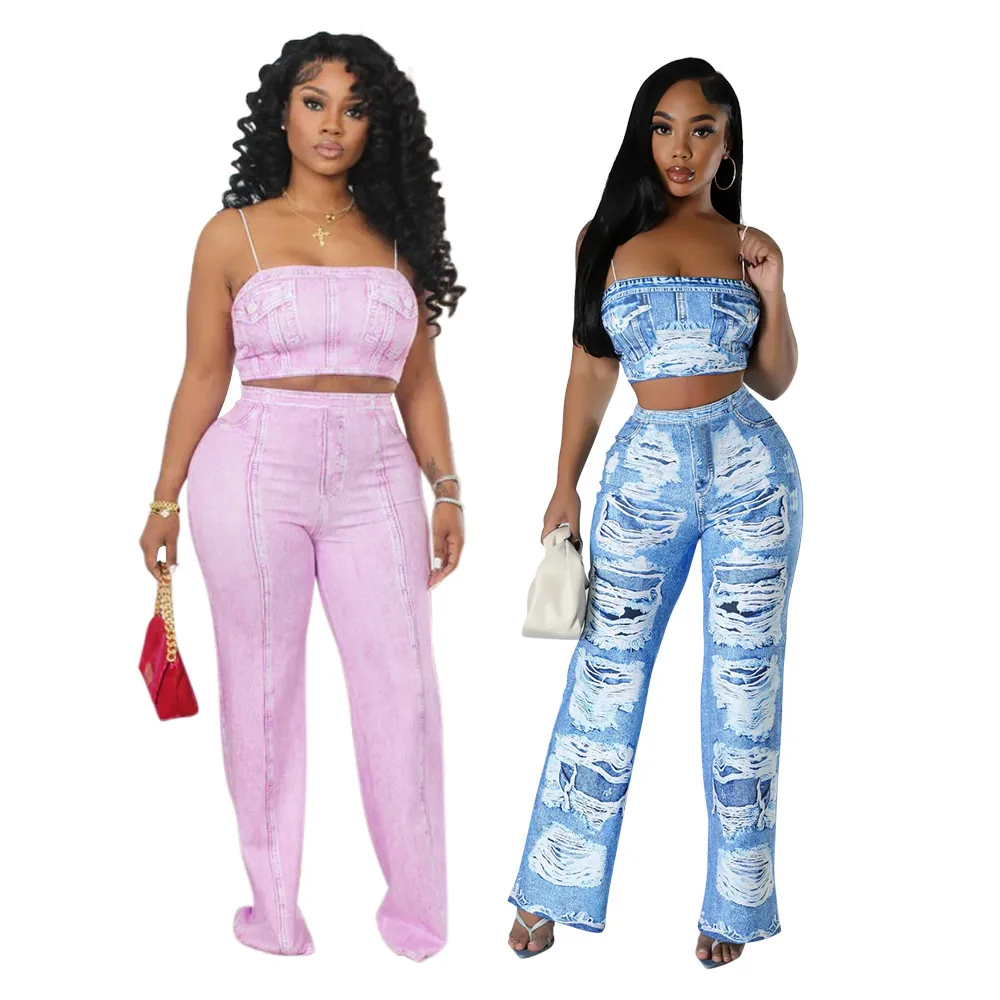 Ensemble Haut et Pantalon en Polyester Imprimé Denim Coupe Ajustée Débardeur Court Pantalon Évasé Taille Haute Tenue Décontractée Femme