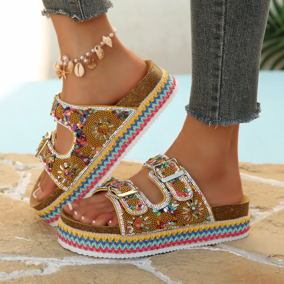 Dames Etnische Boheemse Platform Kurk Slides Sandalen Kleurrijke Strass Dubbele Gesp Strand Zomer Vakantie Schoenen