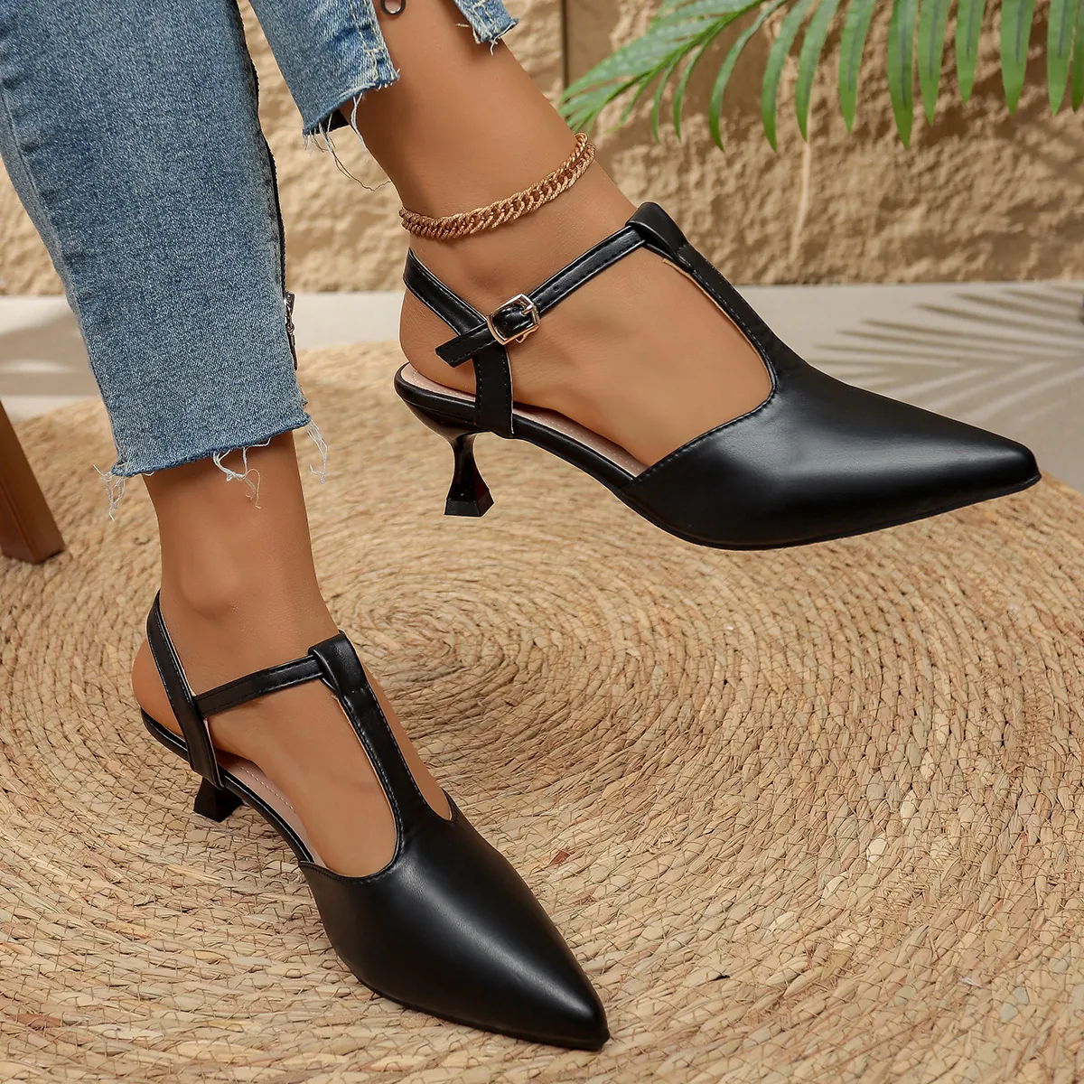 Sandalias Slingback de Punta Puntiaguda para Mujer Tacón de Gatita Elegantes Correa en T Hebilla Zapatos de Salón Verano Oficina Fiesta Tacones Sexy