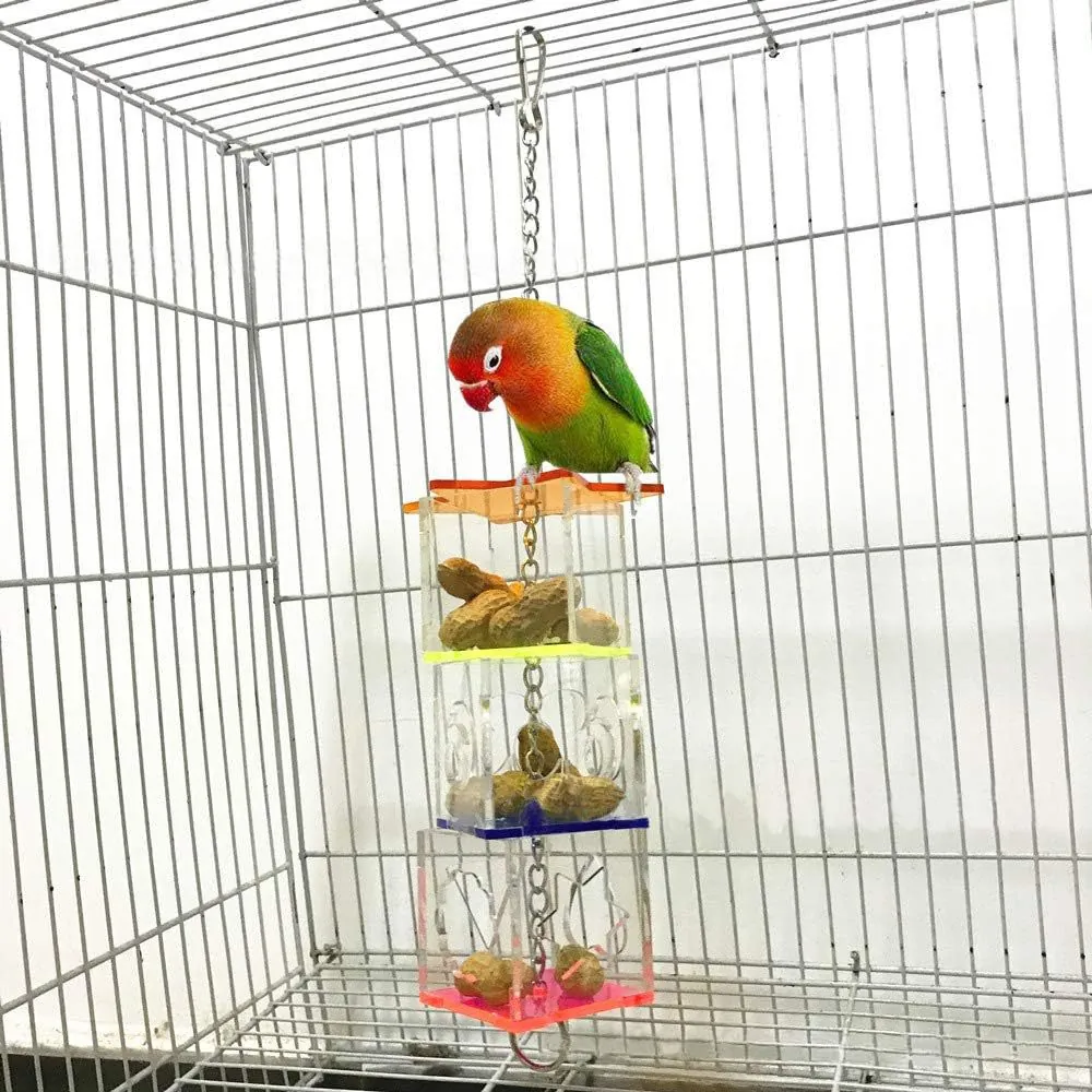 Educational Parrot Foraging Toy Acrylic Multi-Layer Bird Feeder Intelligence Enrichment Toy with Hanging Metal Chain Bird Cage Accessory