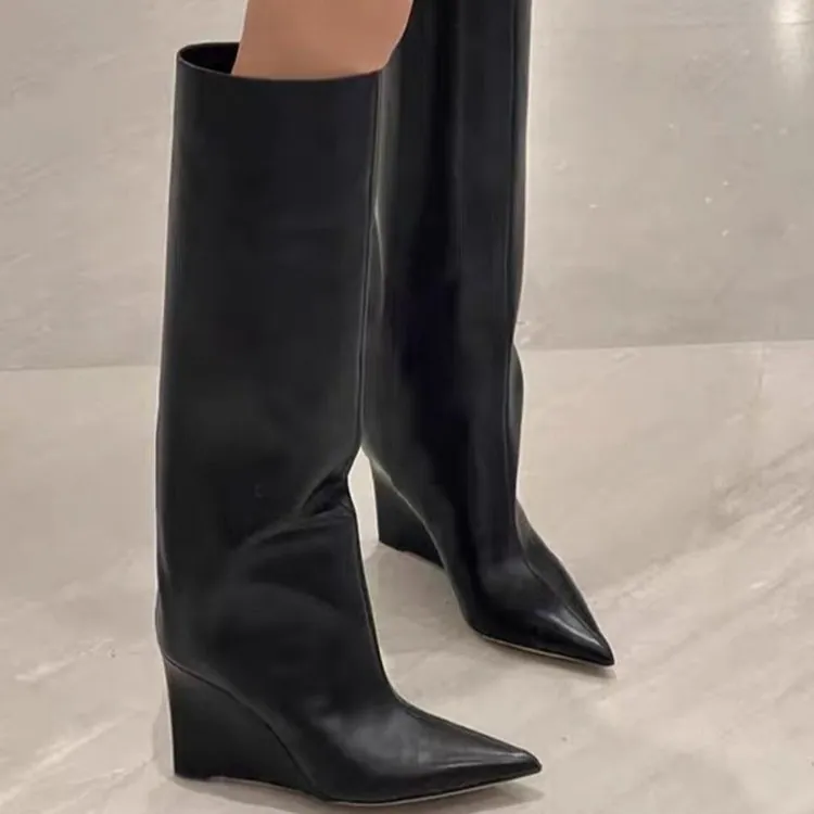 Women Pointed Toe Wedge Heel Knee High Gaiter Boots Black Faux Leather Wide Shaft Shark Boots Knight Boots For Winter