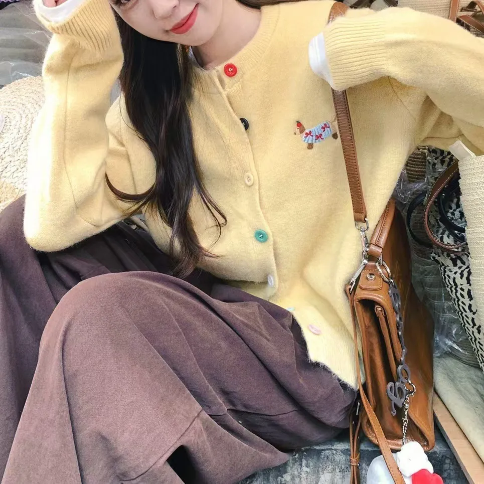 Korean Style Women Early Autumn Cotton Blend Knit Cardigan With Colored Buttons And Dog Embroidery Loose Lazy Sweater Top
