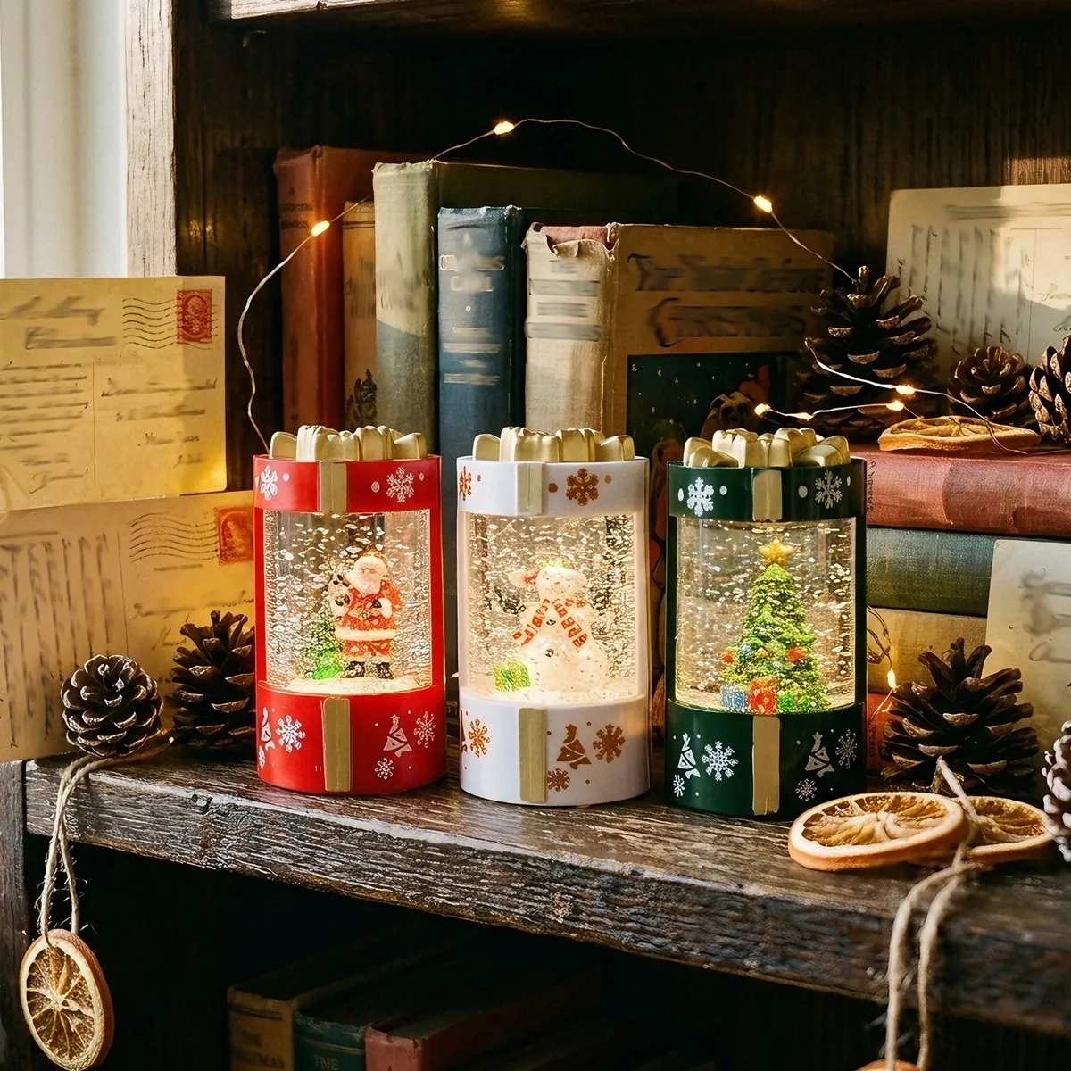 Christmas Lighted Snow Globe Lantern Gift Box Design LED Swirling Glitter Water Lantern For Home Decor Holiday Xmas Gift