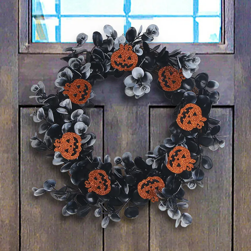 Halloween Wreath With Black Eucalyptus Leaves And Orange Glitter Pumpkins For Front Door Wall Window Party Hanging Decor