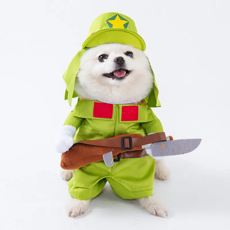 Divertente Costume di Halloween per Animali Domestici Tuta di Trasformazione Soldato Verde Con Cappello per Cani Gatti di Piccola e Media Taglia Vestiti Cosplay Polizia