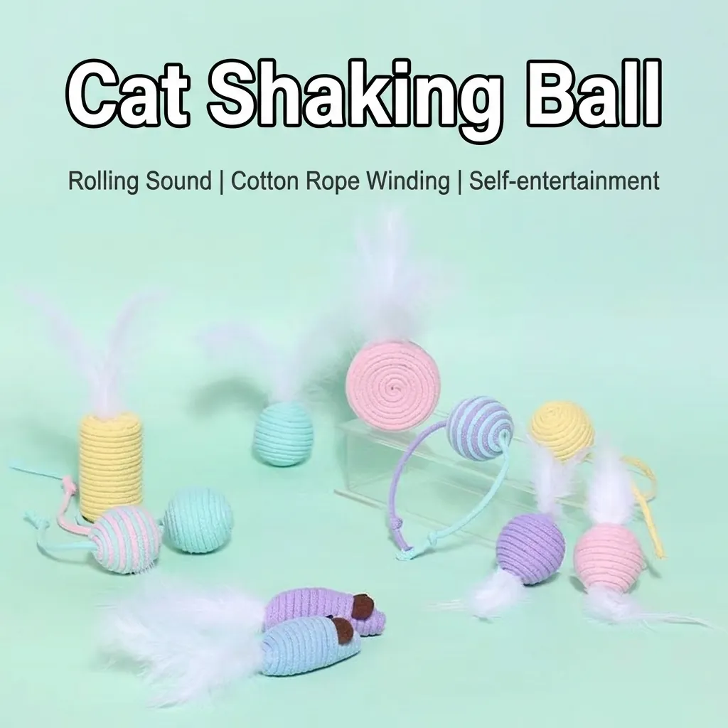 Interactive Cat Toy Ball Cotton Rope Woven Sounding Rattle Ball For Cat Teething Boredom Relief Macaron Color Pet Toy With Feather Tail