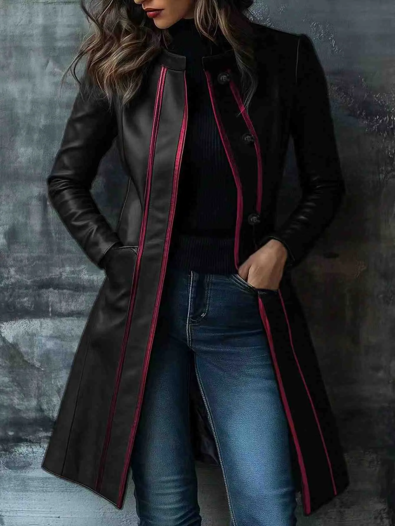 Gabardina de Cuero Artificial Vintage para Mujer Solapa en Contraste Chaqueta Motera Manga Larga Cortavientos con Botones