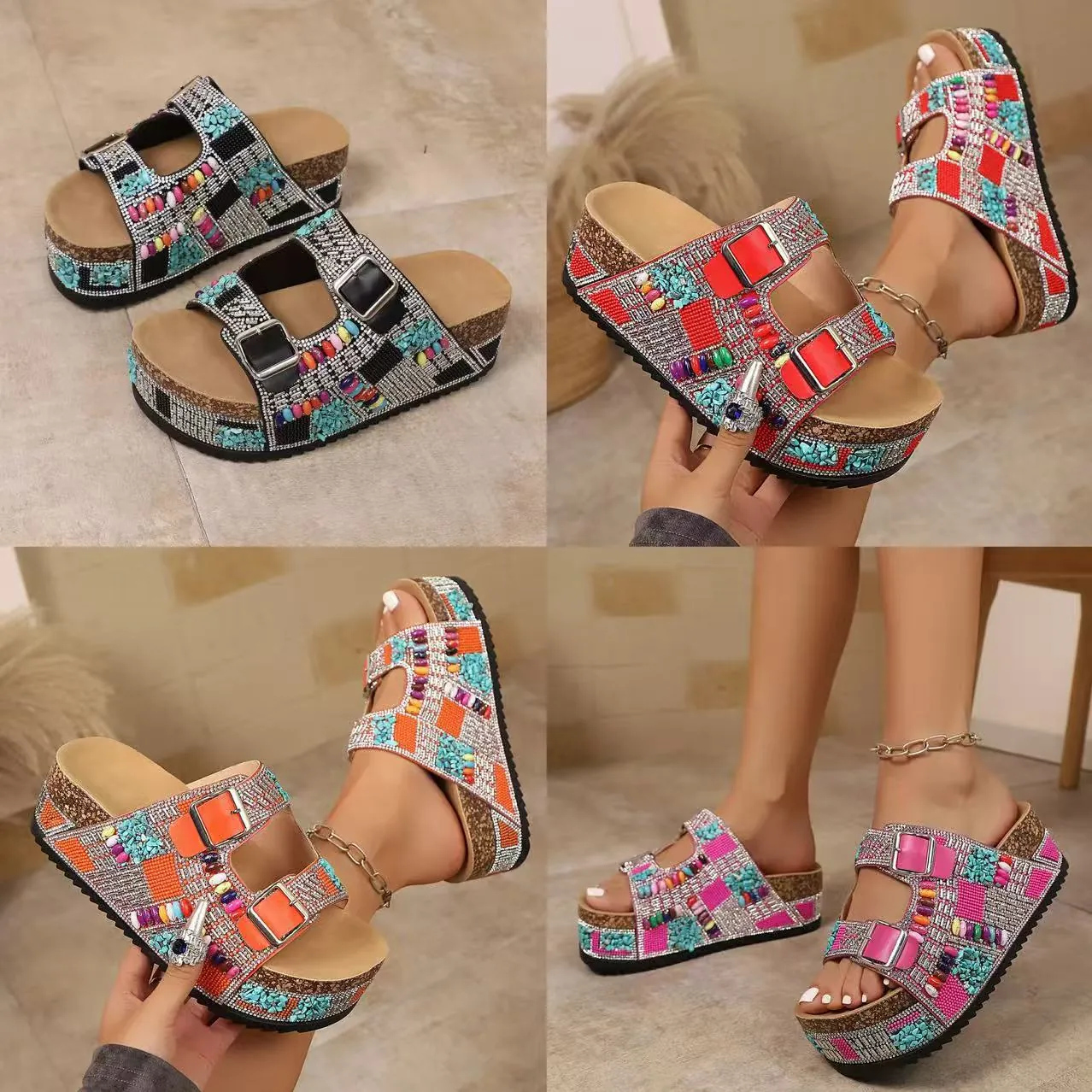 Dames Strass Plateau Sandalen Boheems Sprankelende Kralen Dubbele Gesp Slides Dikke Zool Strand Schoenen Kurk Textuur Slippers