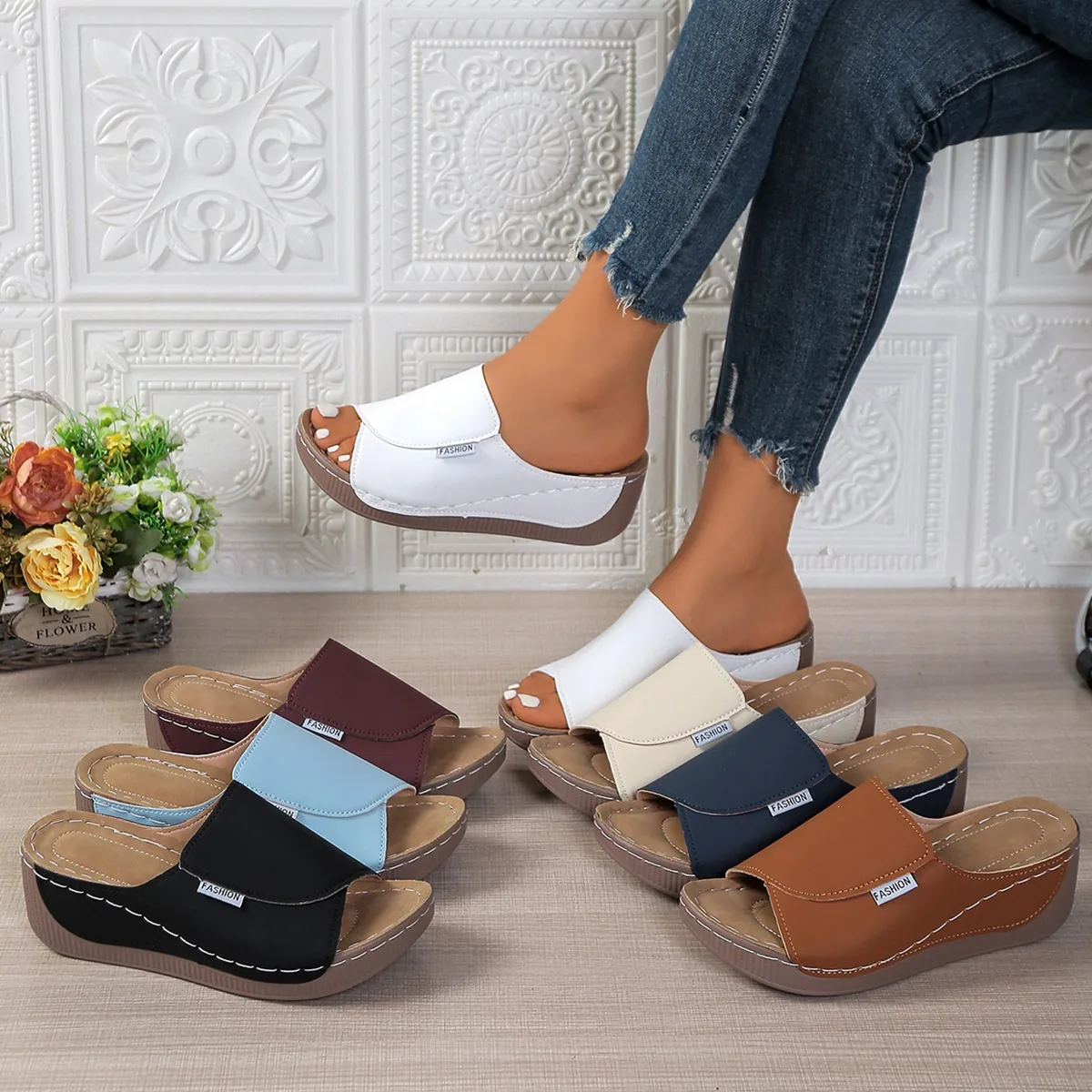 Women Plus Size Platform Wedge Sandals Fashion Peep Toe Casual Summer Slides Synthetic Leather Outdoor Slippers Letter Decoration