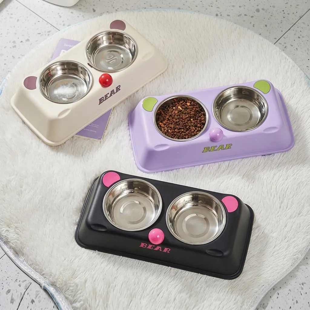 Stainless Steel Pet Feeding Watering Bowl Cartoon Bear Shape Anti Slip Base For Cats And Dogs Detachable Easy Clean Puppy Tableware