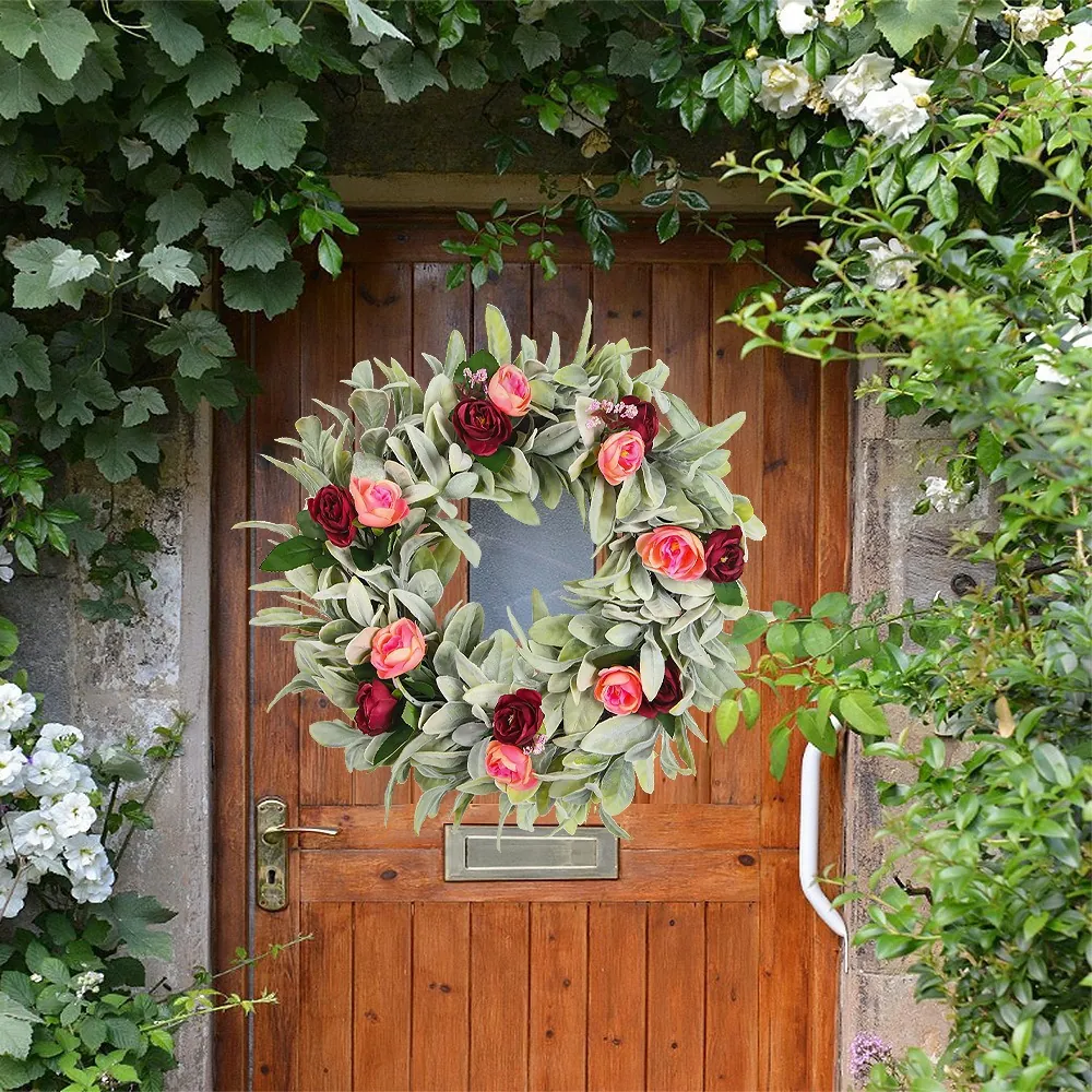 Couronne de Roses et Oreilles d'Agneau Artificielle pour Porte d'Entrée Guirlande Suspendue Printemps Été Pâques Mariage Décor