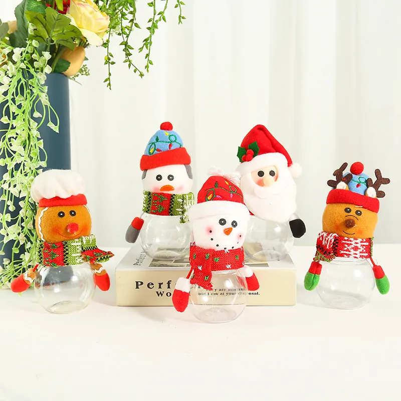 Christmas Candy Jar Transparent Plastic Storage Bottle With Plush Santa Snowman Reindeer Lid For Xmas Party Kids Gifts Decor