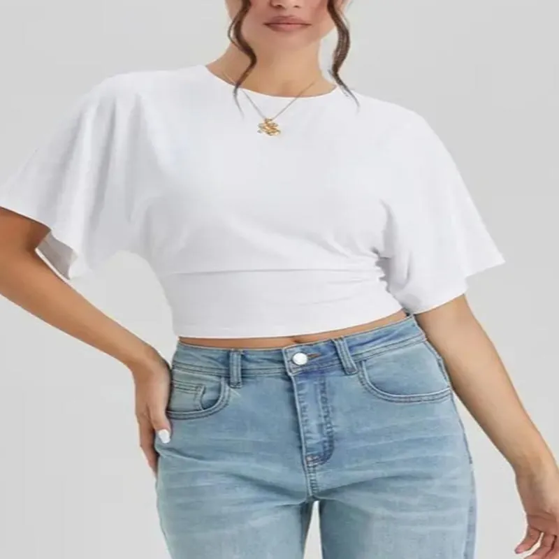 Women Casual Polyester Cropped T-Shirt Short Sleeve Round Neck Batwing Sleeve Loose Cinched Waist Pullover Summer Fashion Top