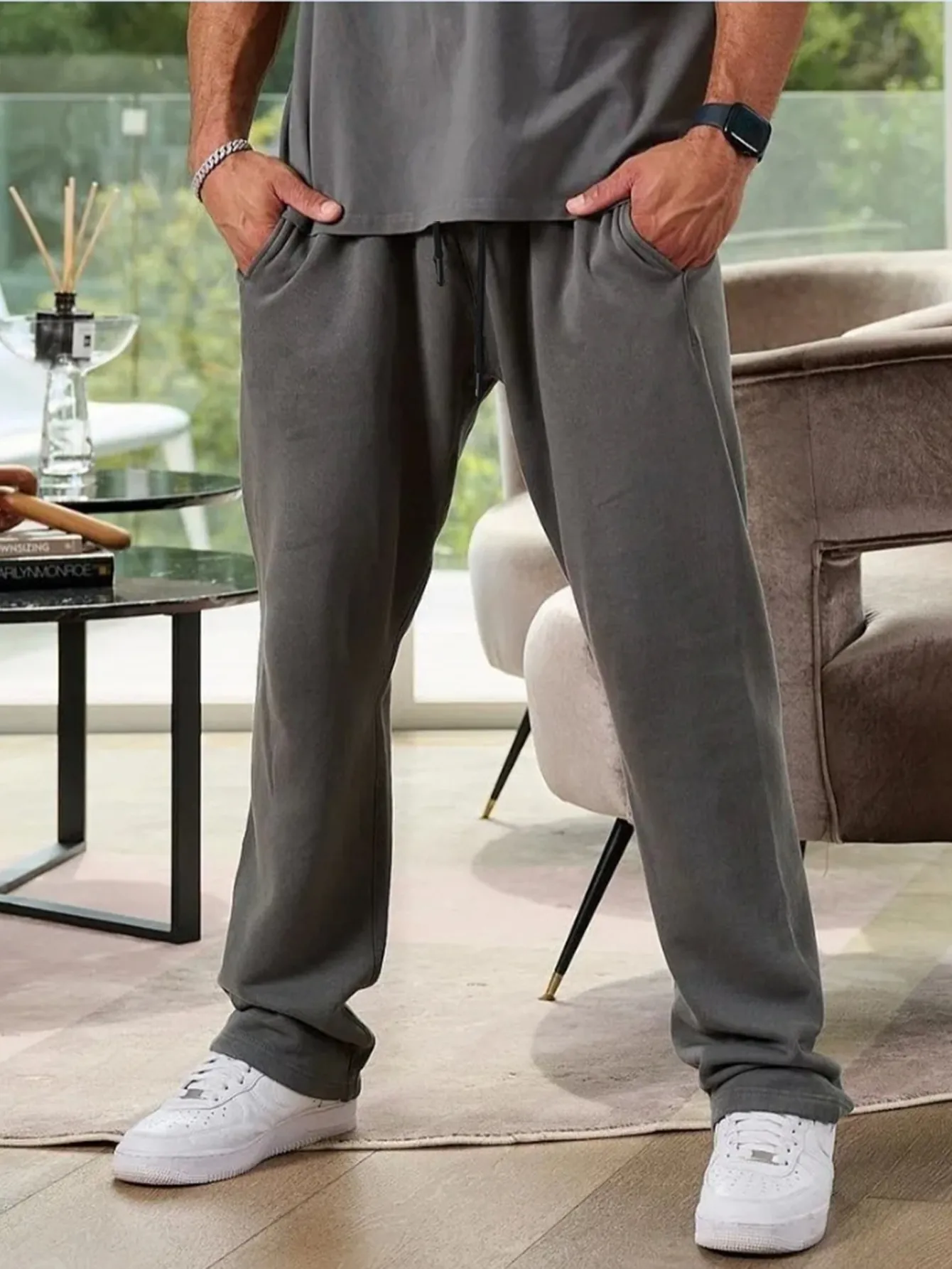 Pantalon de Jogging de Sport pour Hommes Taille Européenne Ample en Mélange de Coton Avec Cordon de Serrage Taille Élastique Décontracté
