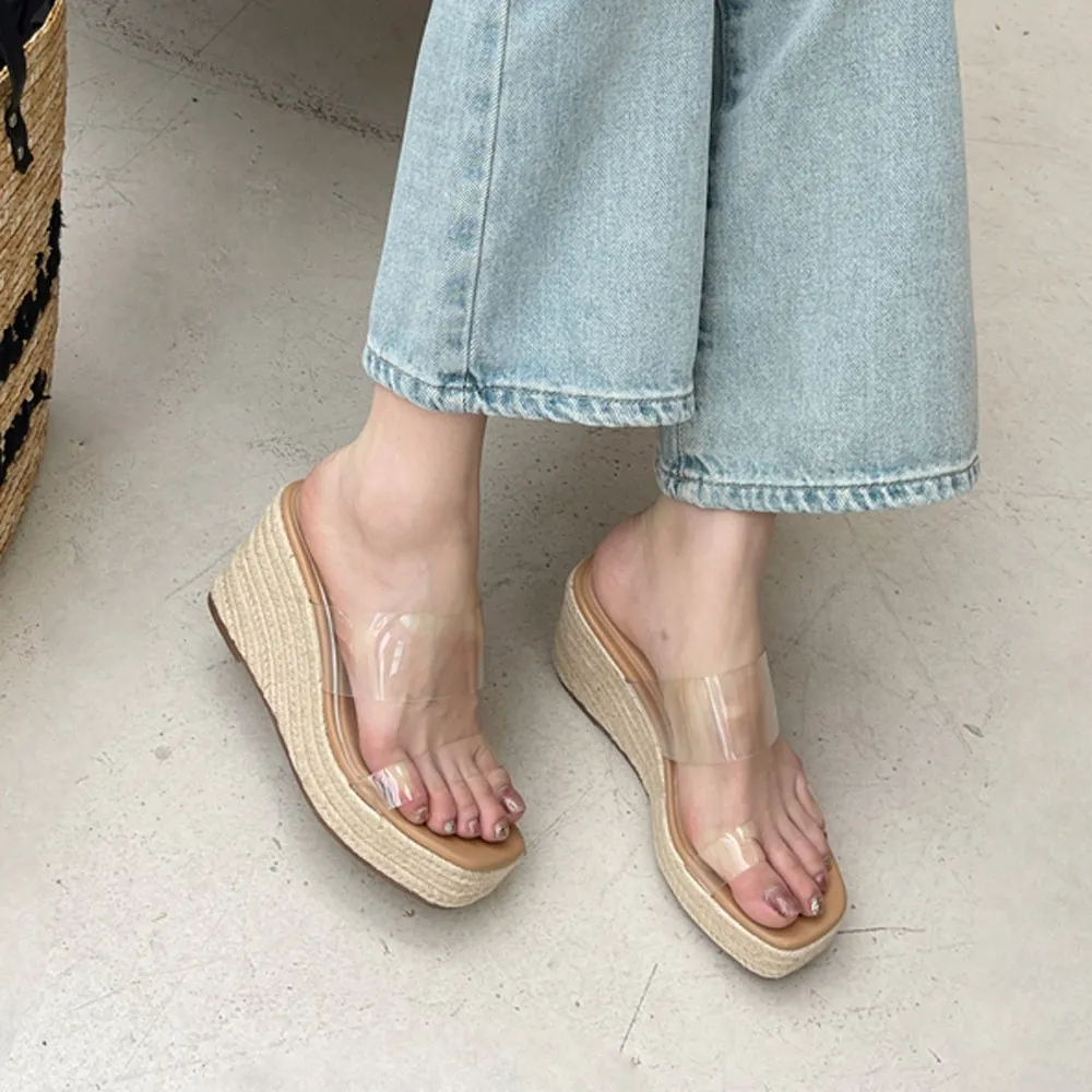 Women Fashion Clear Double Strap Wedge Slippers Square Toe Espadrille Platform Slides High Heel Beach Holiday Sandals Shoes