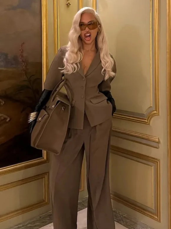 Élégant Business Femmes Blazer Haut Manches Courtes Et Pantalon Large Bas Business Décontracté Bureau Femme Ensemble Tailleur