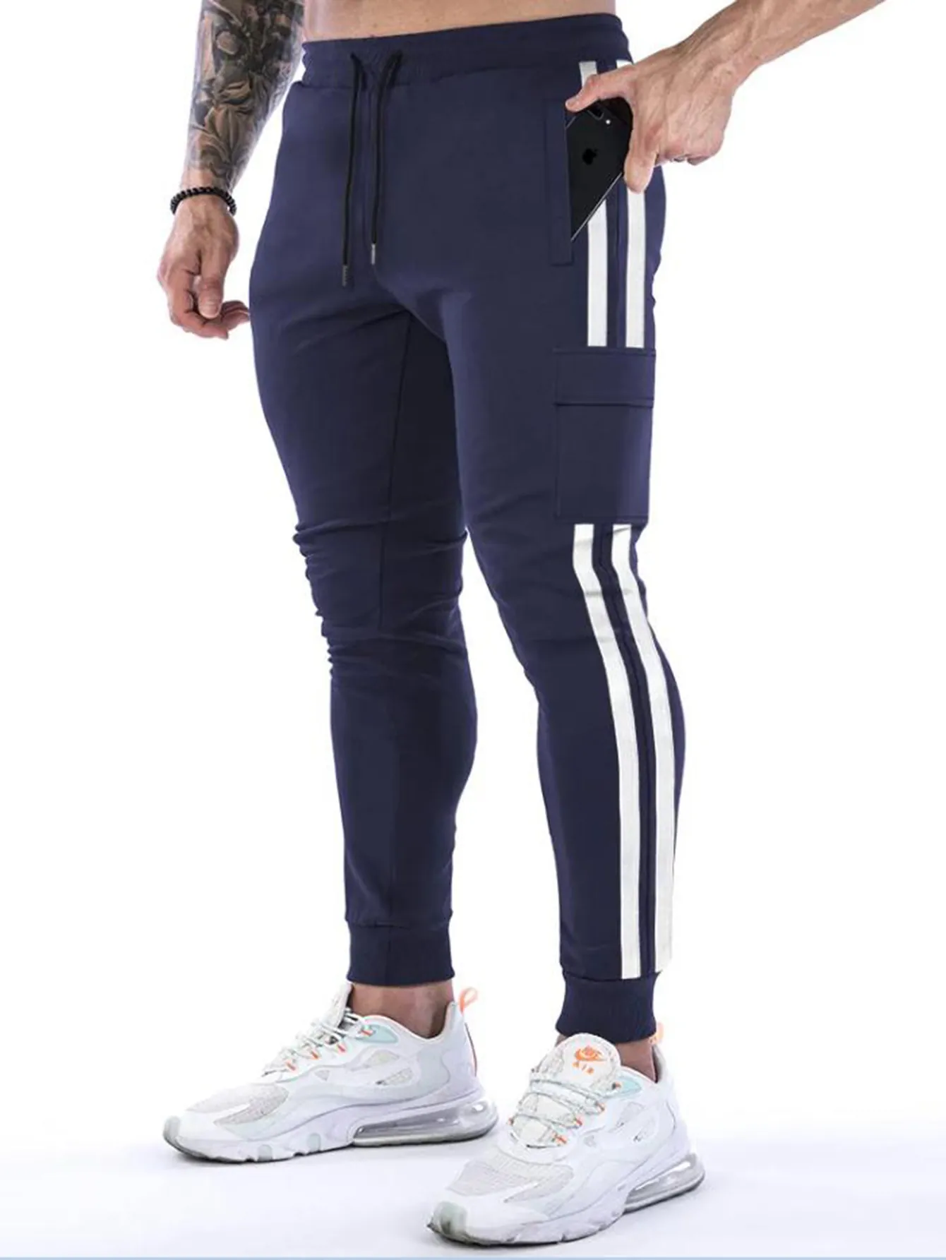 Men European Size Sport Cargo Sweatpants Slim Fit Cotton Blend Multi-Pocket Jogger Pants With Side Stripes Casual Bottoms