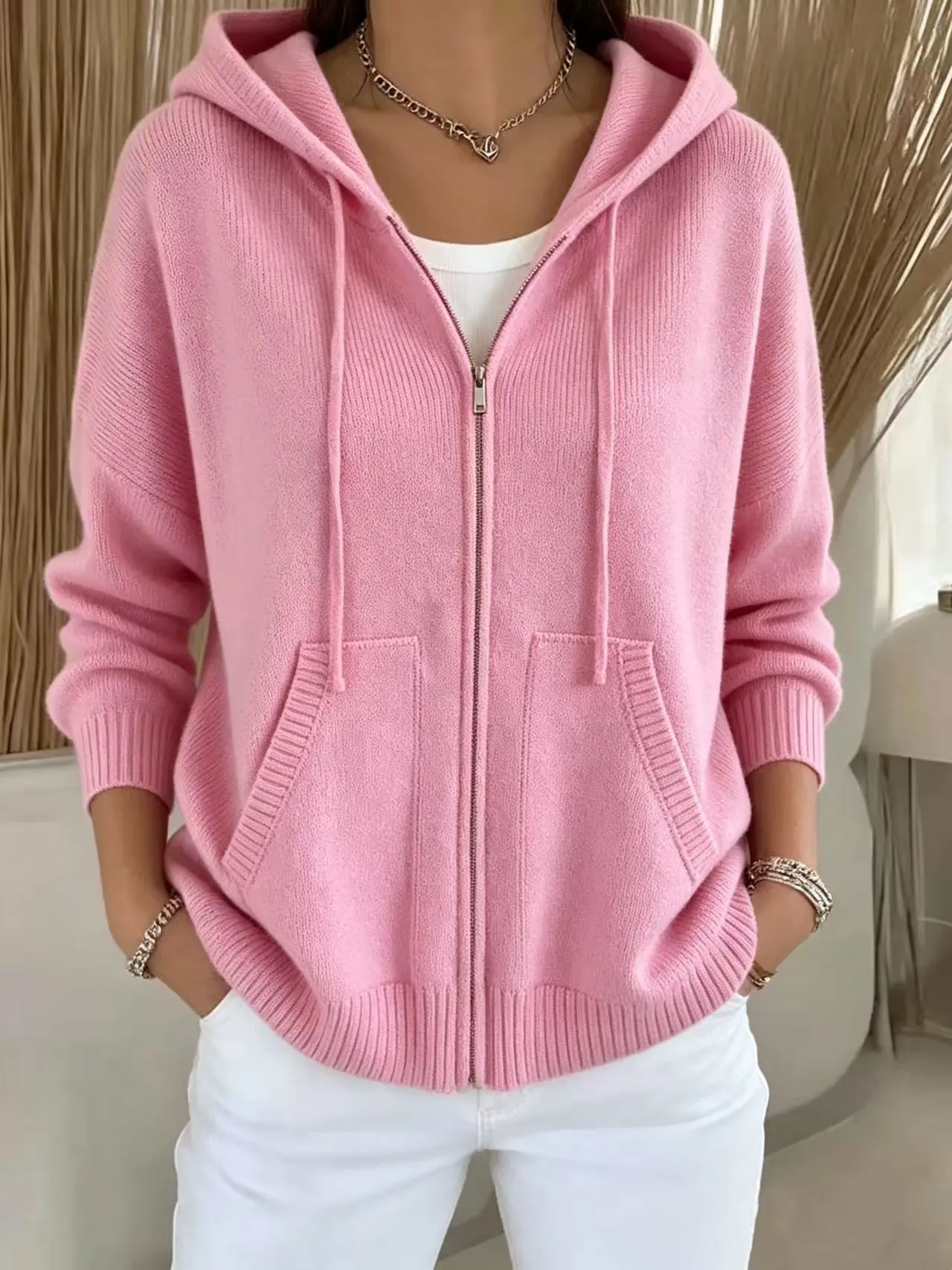 Women's Loose Hooded Knitted Cardigan Casual Solid Color Zip Up Top For Autumn Winter Cotton Blend Soft Sweater Jacket