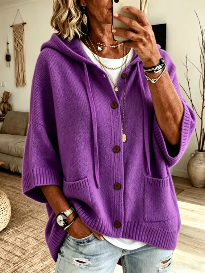Women's Casual Knitted Hooded Cardigan Loose Fit Solid Color Cotton Sweater Jacket With Buttons And Patch Pockets Outerwear