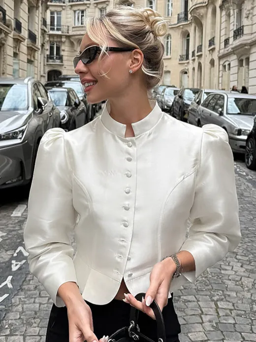 Women Vintage Palace Style Blouse Elegant Matte Satin Stand Collar Puff Sleeve Short Shirt Office Commuter Polyester Top