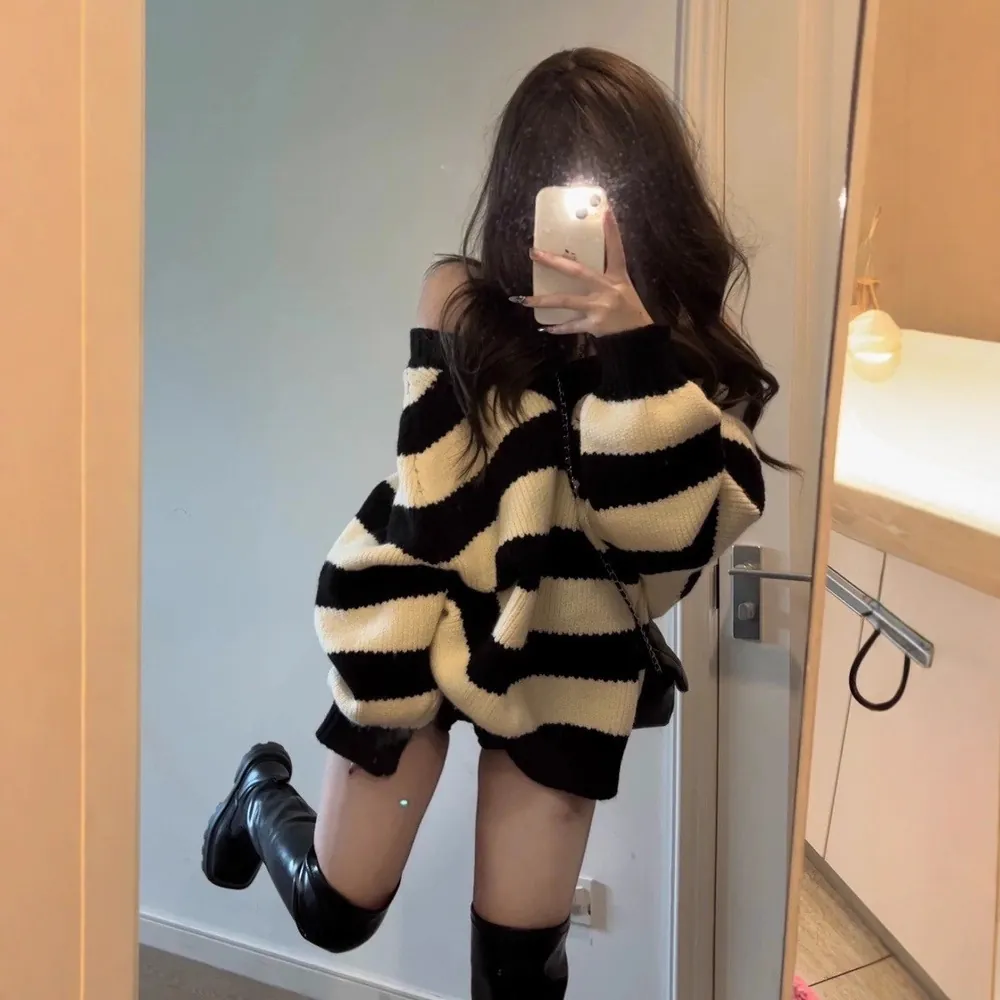Women Korean Lazy Style Striped Knit Cardigan Loose Casual Polyester Acrylic Sweater Long Sleeve Open Front Ribbed Top