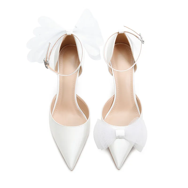 Damen Spitze Stiletto High Heels Satin Sandalen Netzschleife Knöchelriemen Hochzeit Bankett Party Pumps Kleiderschuhe