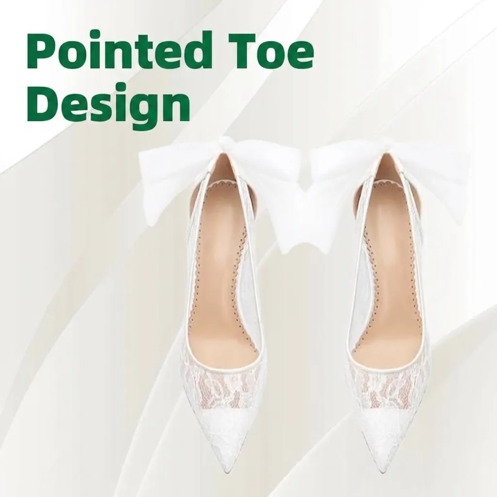 Escarpins à Bout Pointu pour Femmes en Dentelle Talons Aiguilles Avec Grand Nœud Blanc Ivoire Satin Chaussures de Mariage