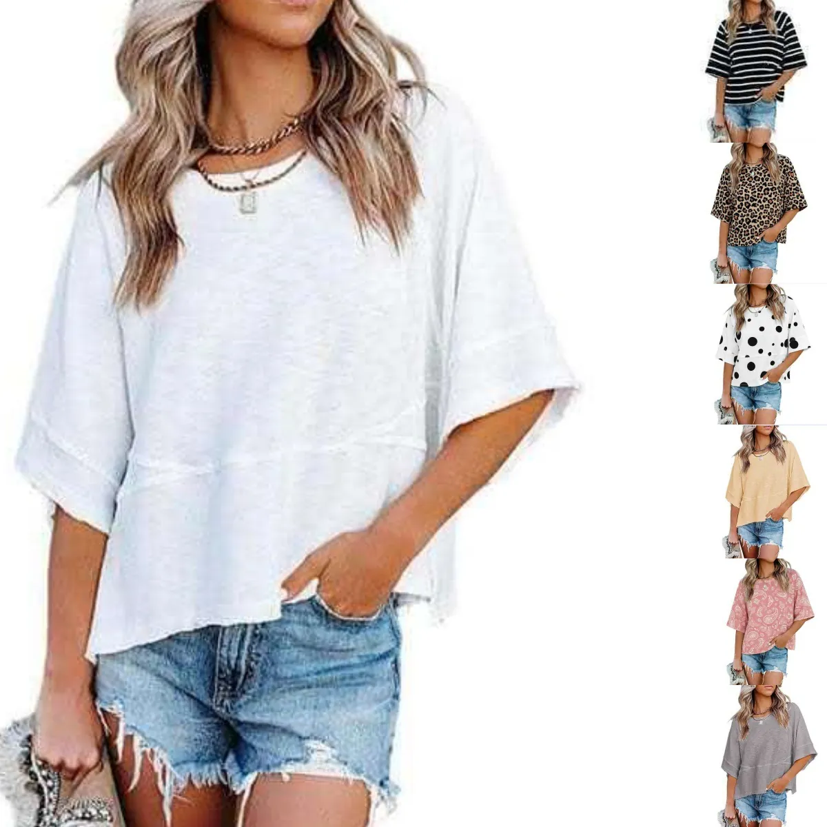 Women Loose Polyester T-Shirt Round Neck Flare Sleeve Patchwork Top Casual Summer Tee Leopard Polka Dot Print Shirt