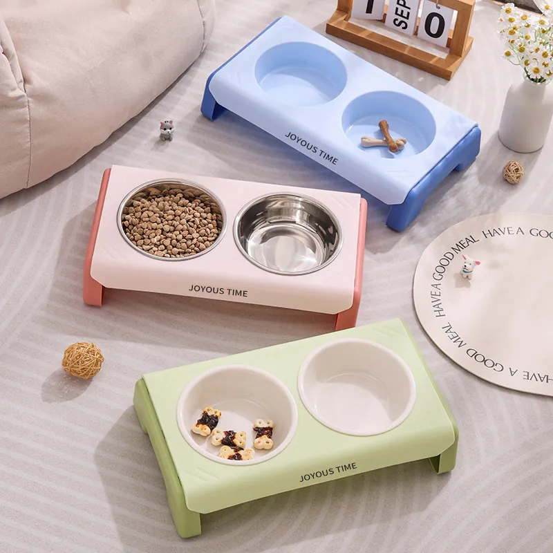 Elevated Double Pet Bowl Neck Protection Anti-Tipping Cat Food Water Feeder Stand Stainless Steel Plastic Integrated Bowls For Cats Small Dogs