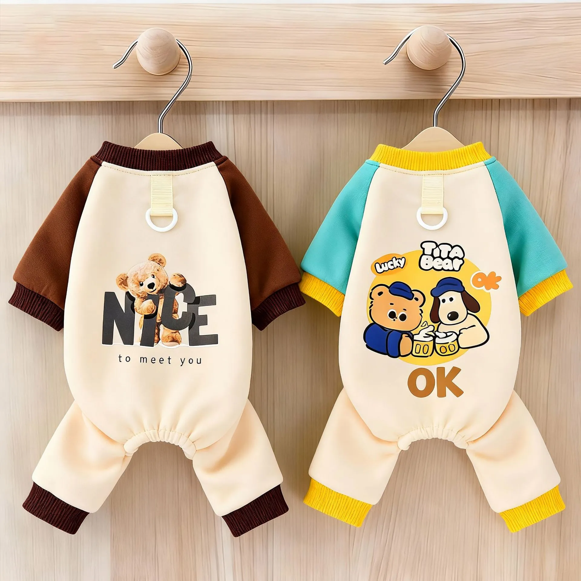 Pet Pajamas Four-Legged Dog Clothes With D-Ring Leash Attachment Cartoon Bear Print Soft Polyester Jumpsuit For Small Dogs Puppy