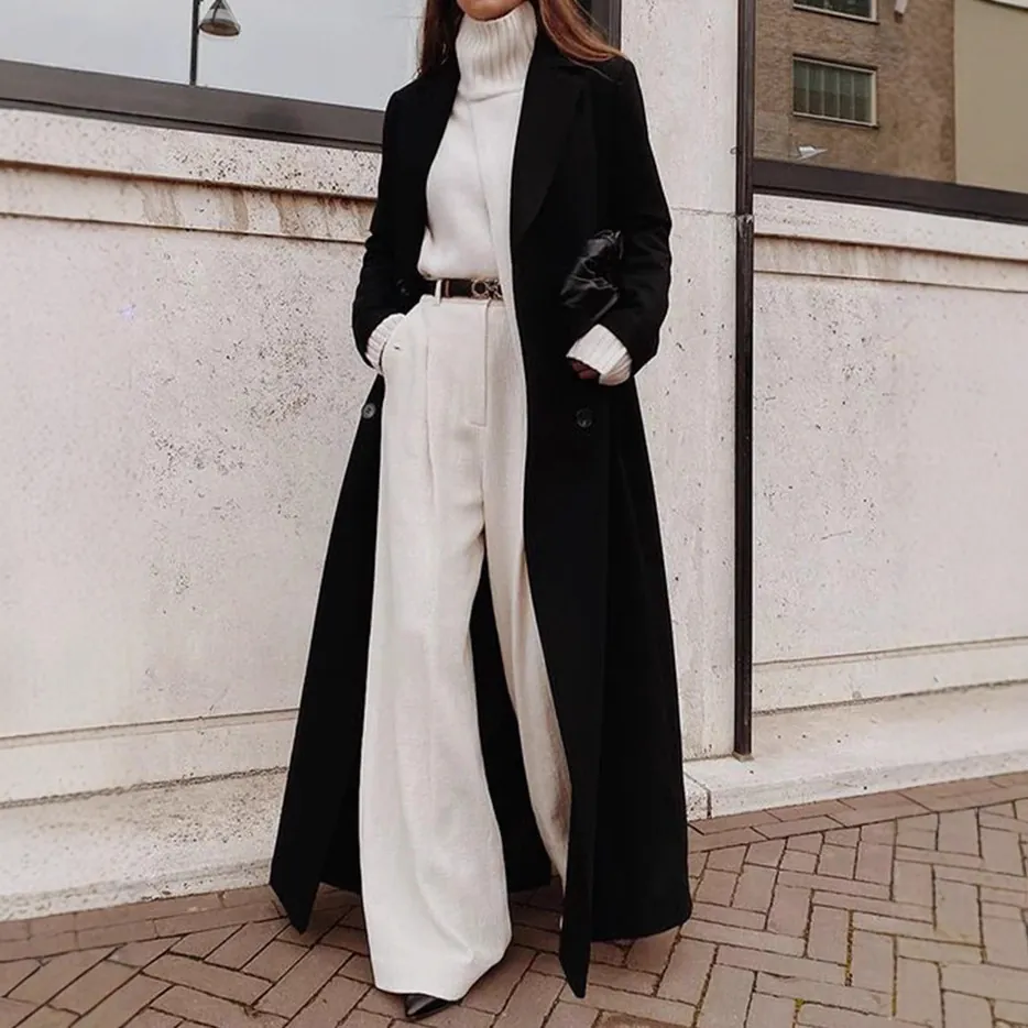 Damen Casual Langer Wollmantel Warm Polyester Revers Spleißen Mantel Trenchcoat Für Herbst Winter Damen Mode Bekleidung