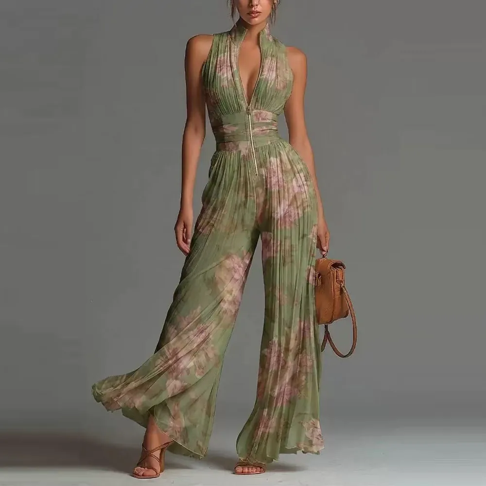 Women Sexy Pleated Halter Jumpsuit Sleeveless Wide Leg Long Romper Elegant Backless Waistband Front Zipper Solid Color Floral Print Jumpsuits