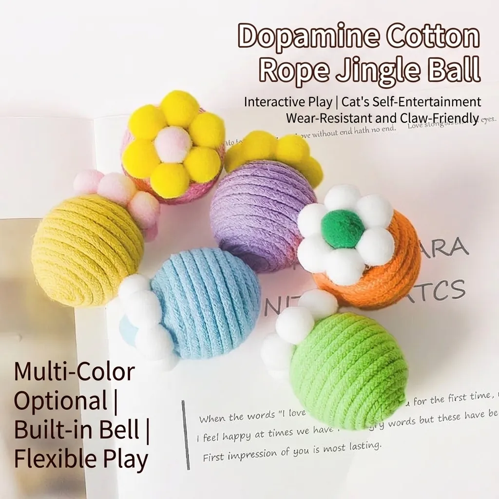 Balle De Jouet Pour Chat En Corde De Coton Avec Clochette Intégrée Couleurs Dopamine Fleur Peluche Balle Interactive Pour Chats