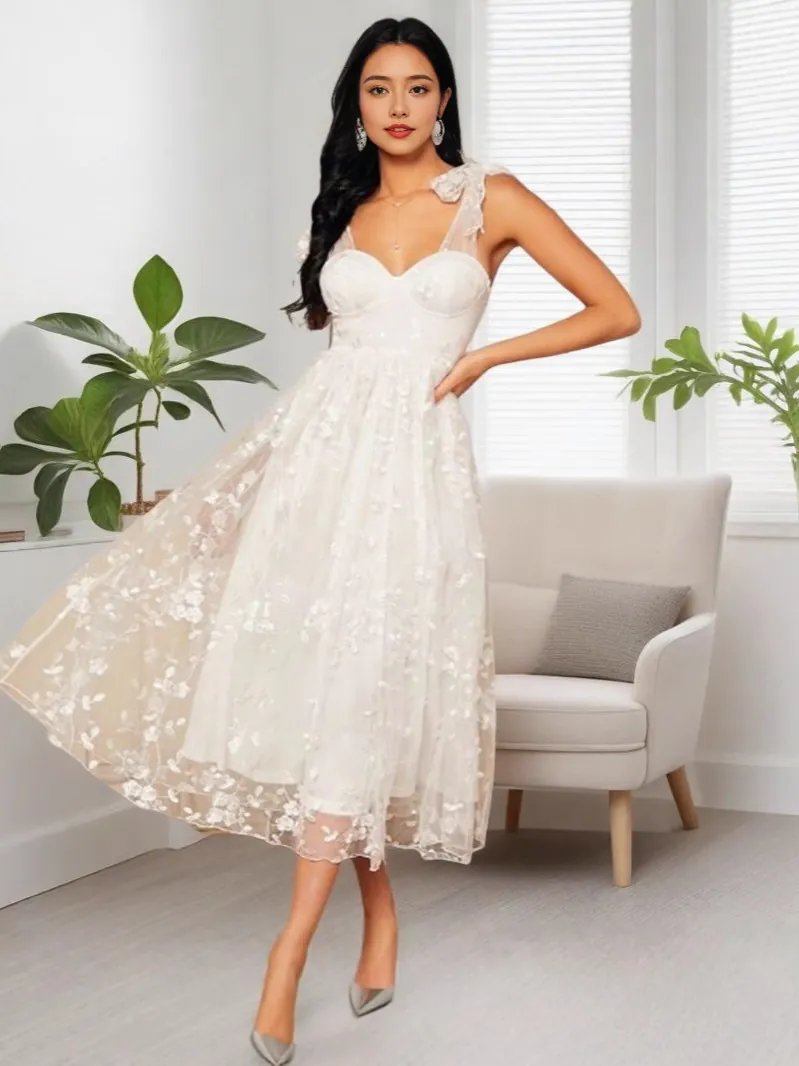 Women White Lace Patchwork V-Neck Formal Dress Elegant Embroidery Puffy Midi Skirt Prom Wedding Party Elegant Gown
