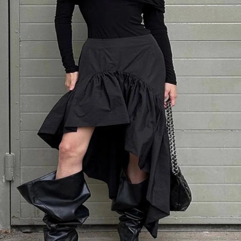 French Style Black Ruffle Midi Skirt For Women High Waist Asymmetric A-Line Cotton Skirt Elegant Commuter Bottoms