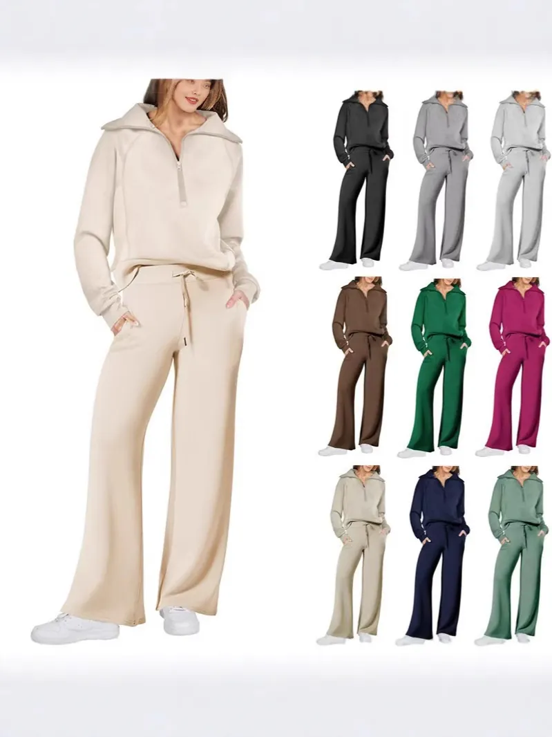 Women Top And Bottom Casual Sportswear Set Solid Color Half Zipper Long Sleeve Sweatshirt And Drawstring Wide Leg Pants