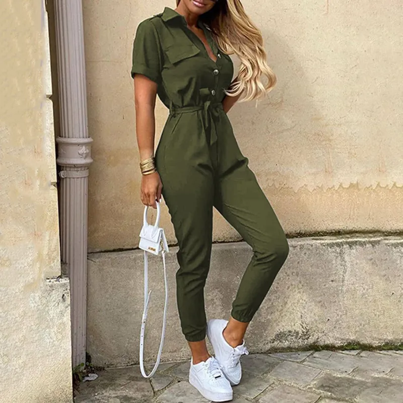 Combinaison Femme Mode Décontractée Couleur Unie Taille Haute Col à Revers Manches Courtes Barboteuse à Boutons Avec Taille Nouée Polyester