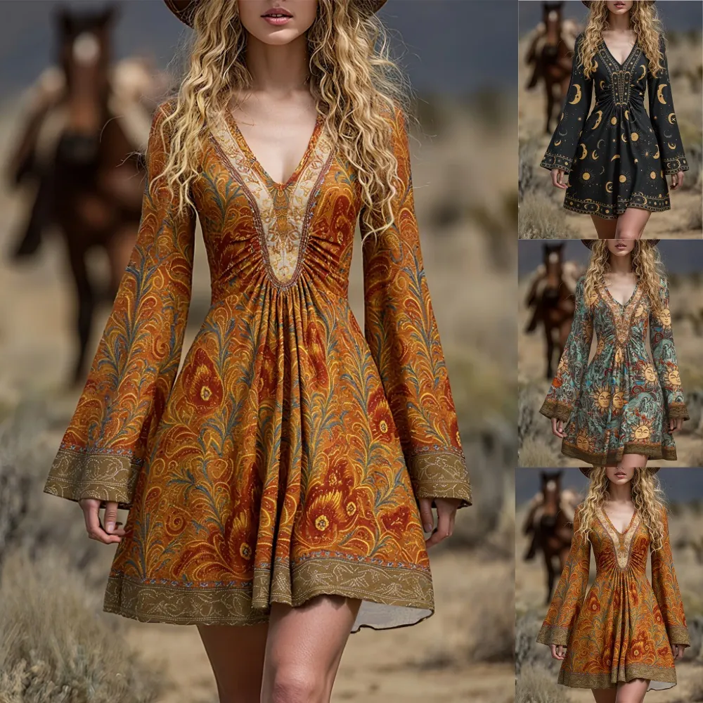 Robe Trapèze Vintage à Col en V et Manches Longues pour Femmes Motif Paisley Céleste Bohème Manche Cloche Mini Robe de Vacances