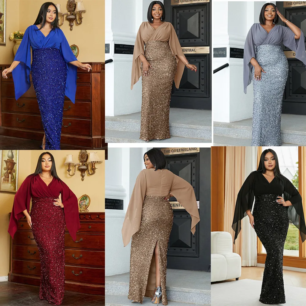 Dames Avondjurk Met Diepe V-hals En Pailletten Cape Mouw Elegant Patchwork Hoge Taille Slim Fit Maxi Jurk Voor Bruiloft Banket Feest