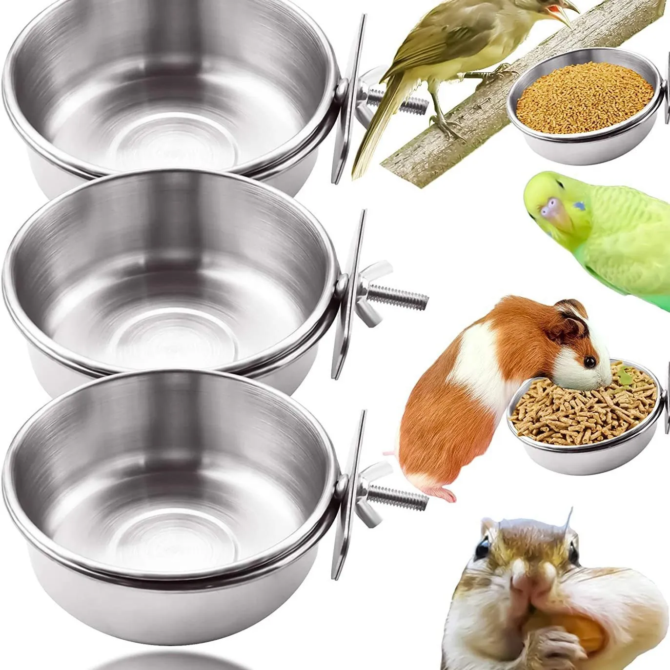 Stainless Steel Bird Feeding Bowl Water Cup For Parrot Cage Hanging Food Bowl Thickened Metal Pet Feeder With Clamp Screw