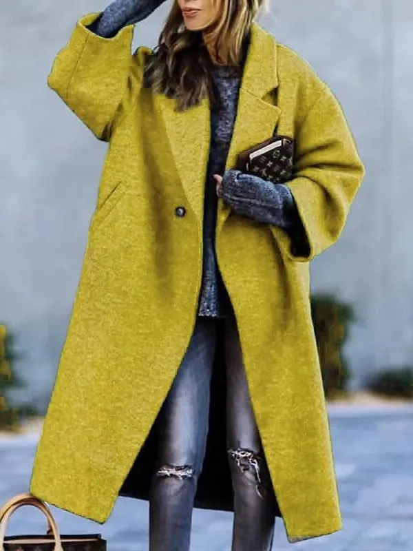 Women Long Polyester Woolen Coat Autumn Winter Casual Solid Color Warm Lapel Overcoat Loose Single Button Outerwear Top