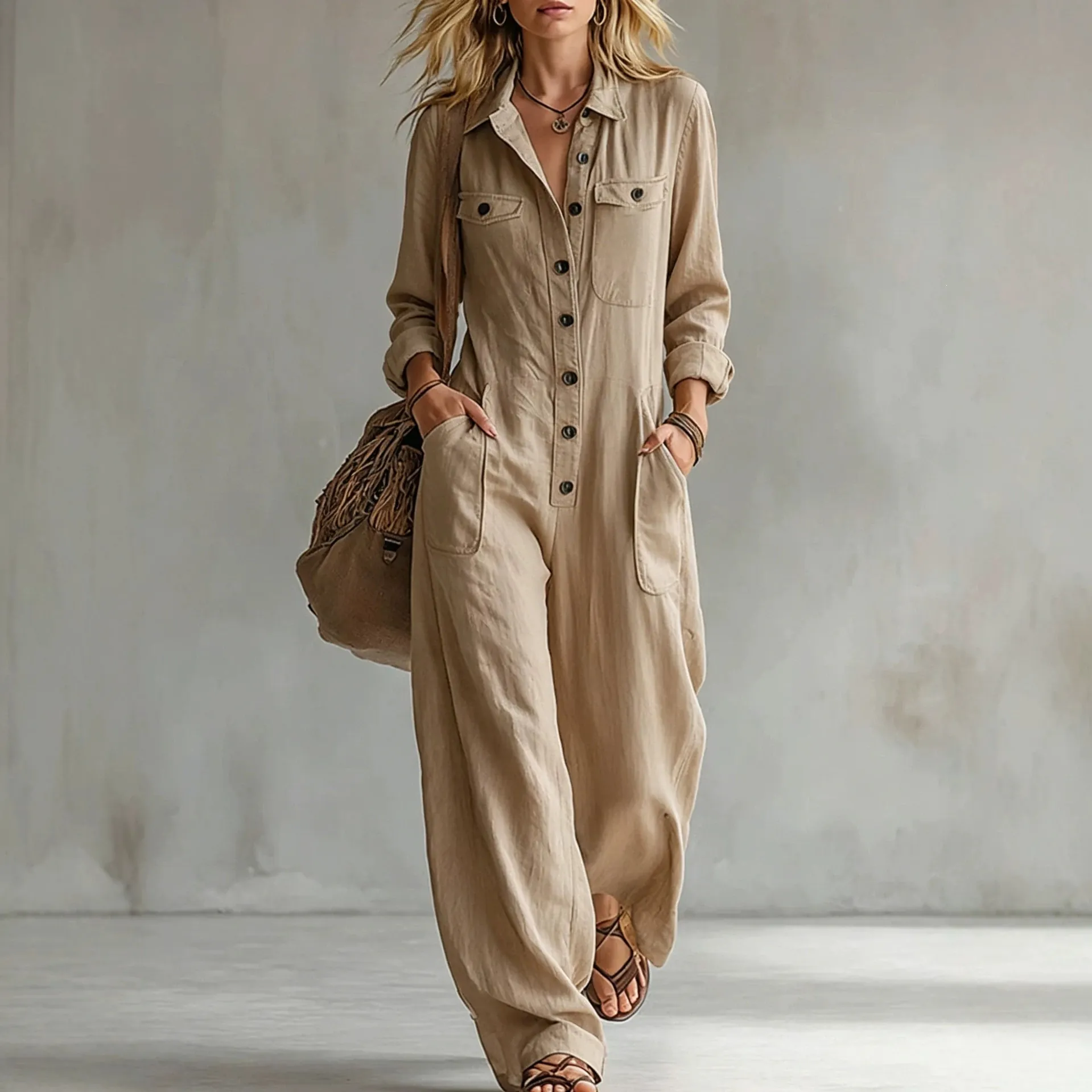 Women Utility Polyester Jumpsuit Lapel Long Sleeve Wide Leg Romper Loose Vacation Cargo One-Piece Pants