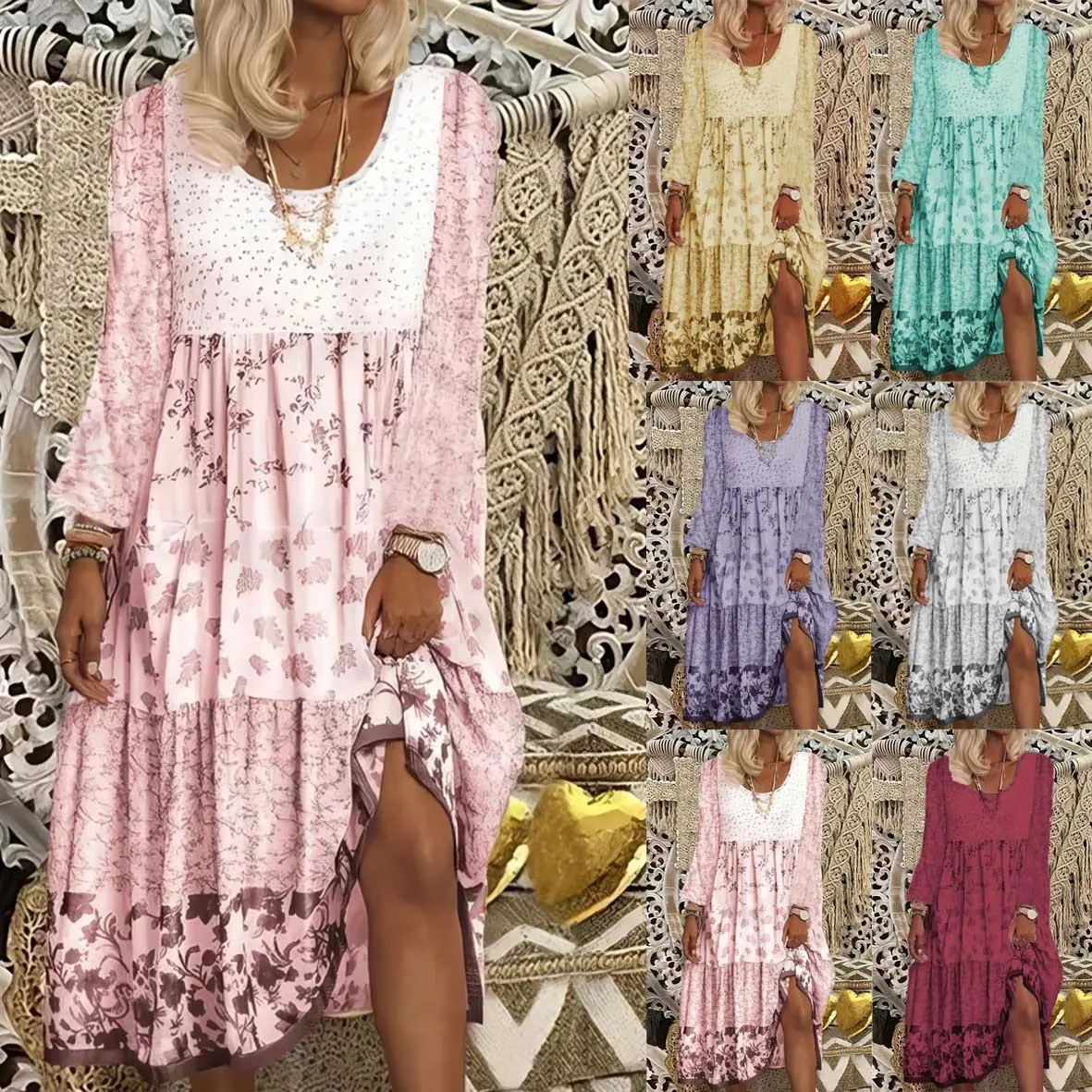 Women Round Neck Long Sleeve Floral Printed Dress Bohemian Tiered Hem Casual Polyester Maxi Dress Elegant Commuter Gown